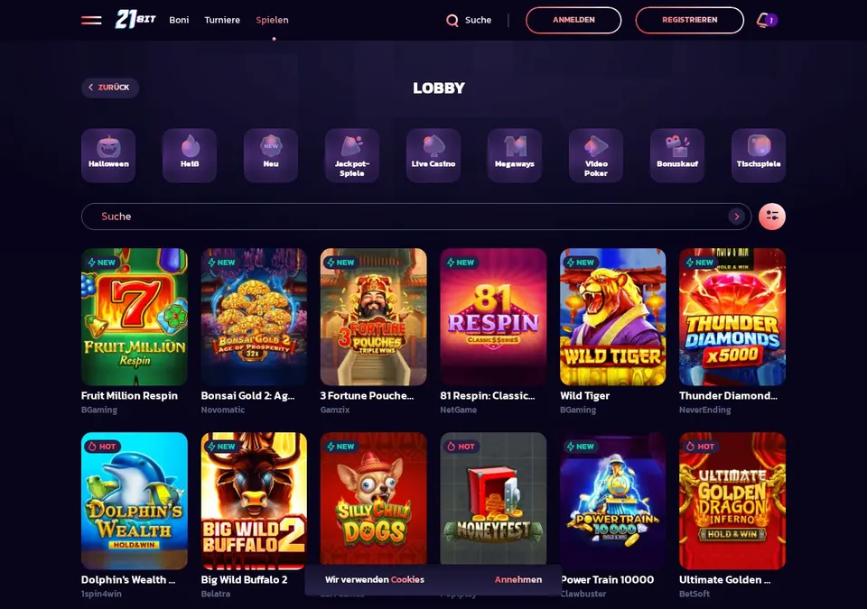 21Bit Casino: Spieleübersicht (Screenshot von www.21bit.com)