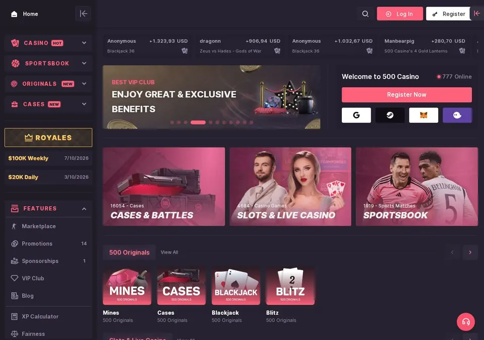 500 Casino: Startseite (Screenshot von 500.casino)