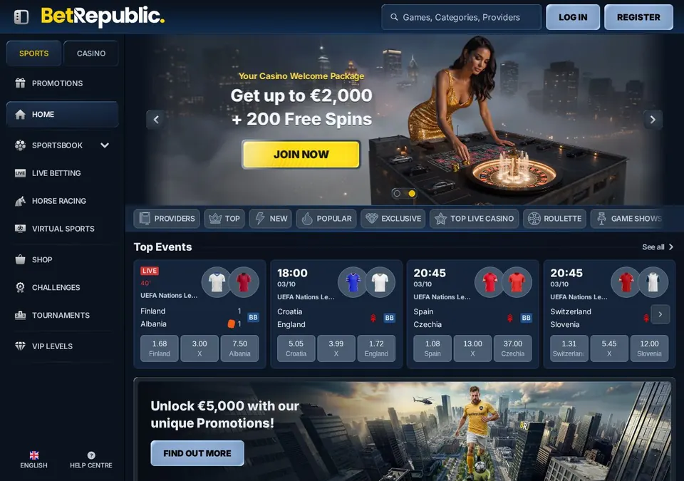 BetRepublic: Startseite (Screenshot von betrepublic.com)