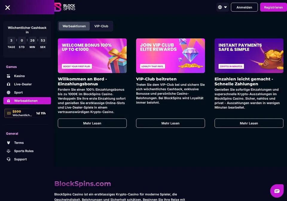 blockspins: Bonusseite (Screenshot von blockspins.com)