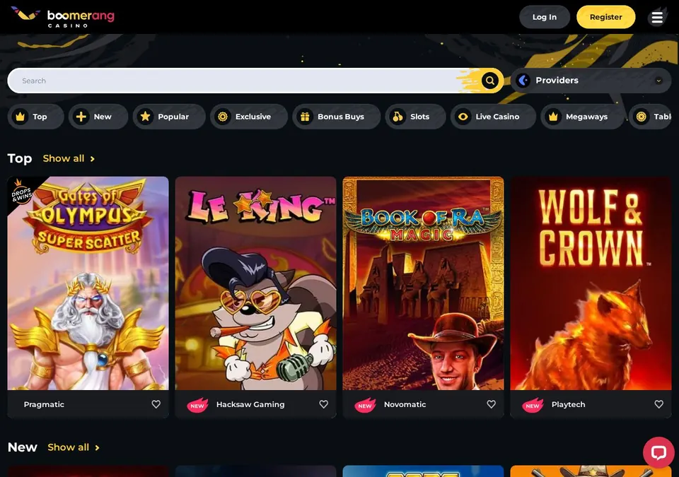 Boomerang Casino: Spieleübersicht (Screenshot von boomerang-casino.com)
