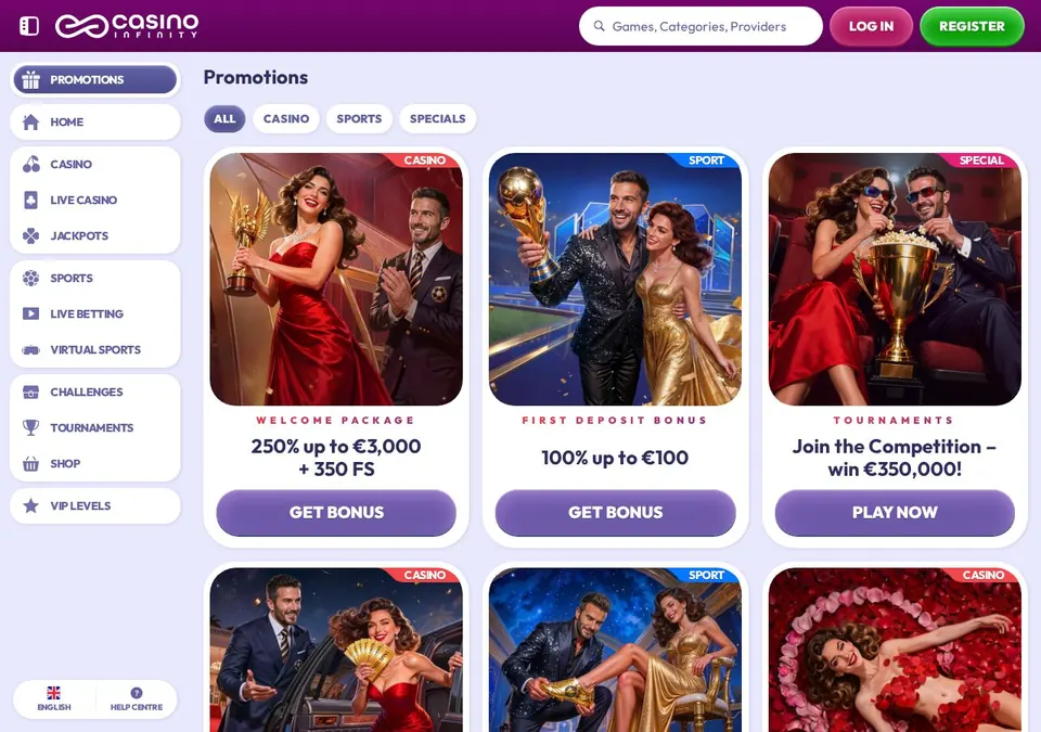 Casinoinfinity: Bonusseite (Screenshot von casinoinfinity.com)