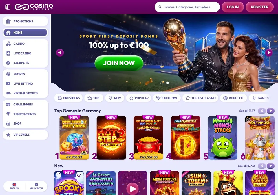 Casinoinfinity: Startseite (Screenshot von casinoinfinity.com)