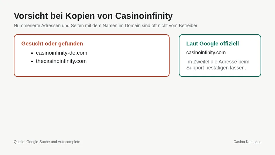 Warnung vor Kopien und Spiegelseiten von Casinoinfinity