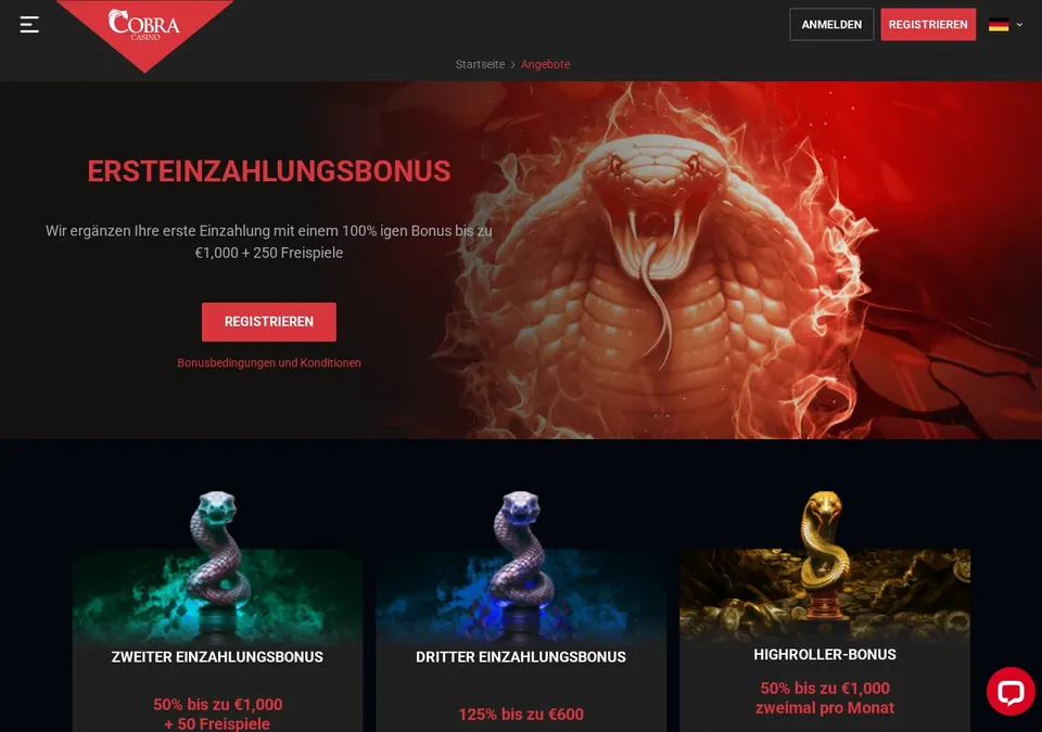 Cobracasino: Bonusseite (Screenshot von www.cobracasino.com)