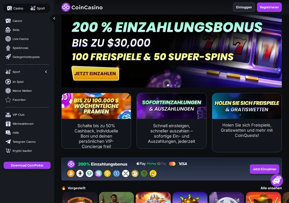 CoinCasino: Startseite (Screenshot von www.coincasino.com)