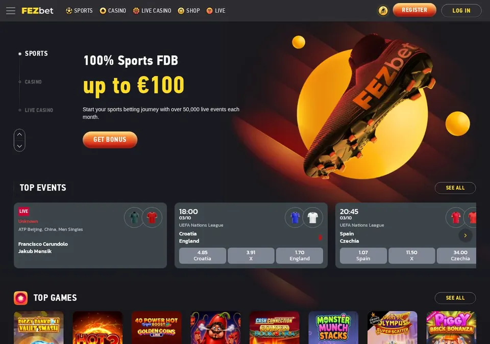 fezbet: Startseite (Screenshot von fezbet.com)