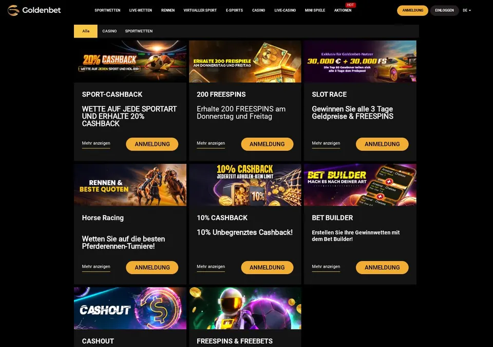 Goldenbet: Bonusseite (Screenshot von m.goldenbet2.com)