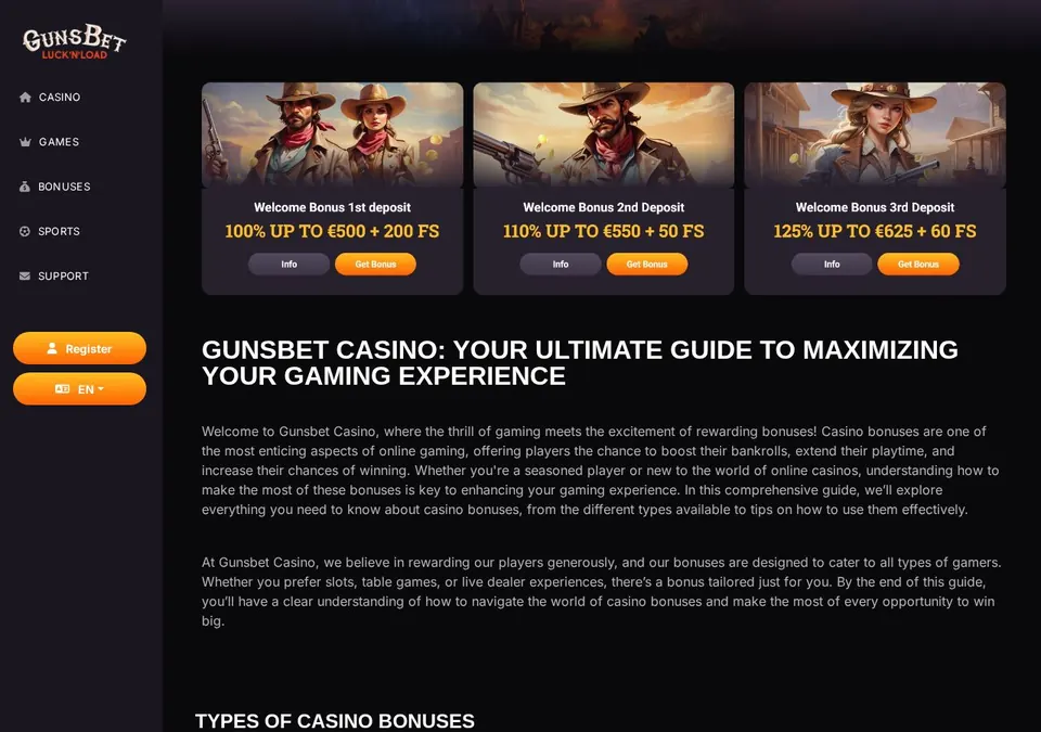 Gunsbet Casino: Bonusseite (Screenshot von gunsbet.com)