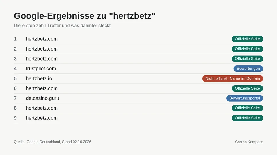 Google-Ergebnisse zu hertzbetz mit Einordnung der Websites