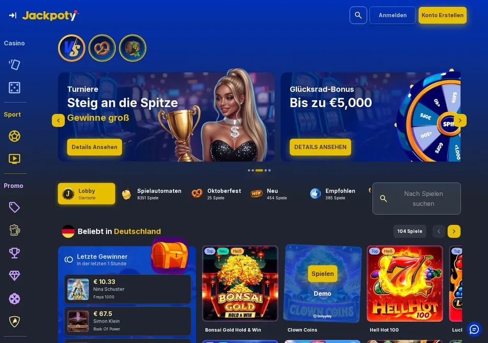 Jackpoty casino: Startseite (Screenshot von www.jackpoty.com)