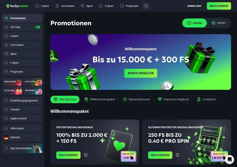 LuckyWave: Bonusseite (Screenshot von www.luckywave.com)