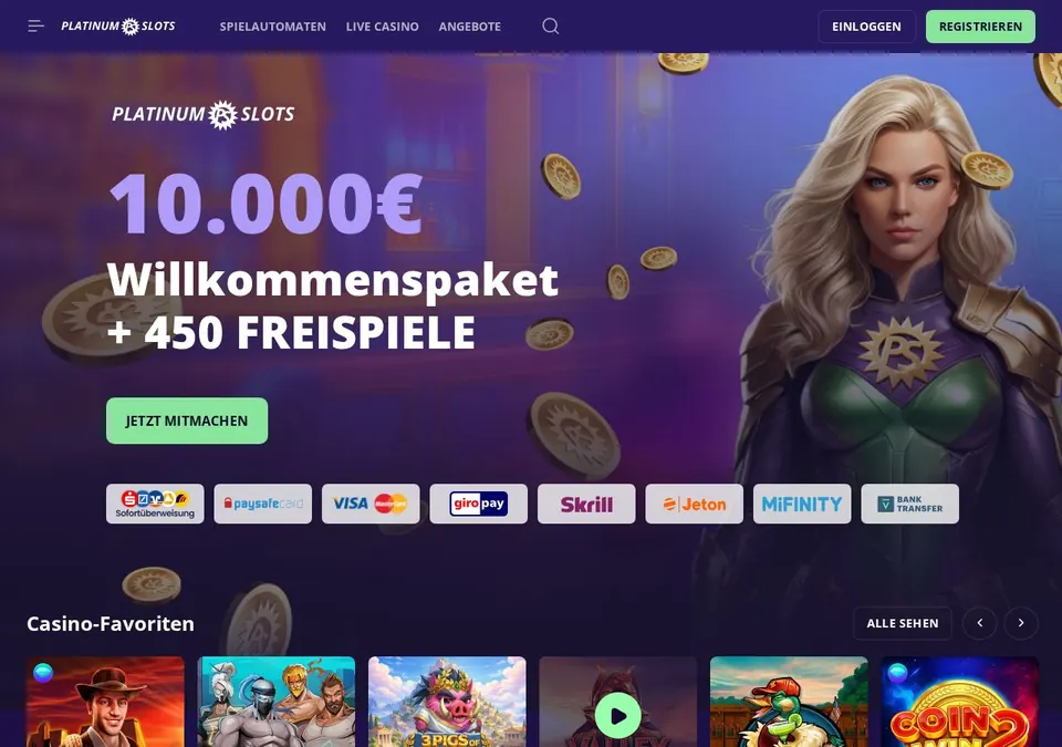Platinumslots: Startseite (Screenshot von www.platinumslots.com)