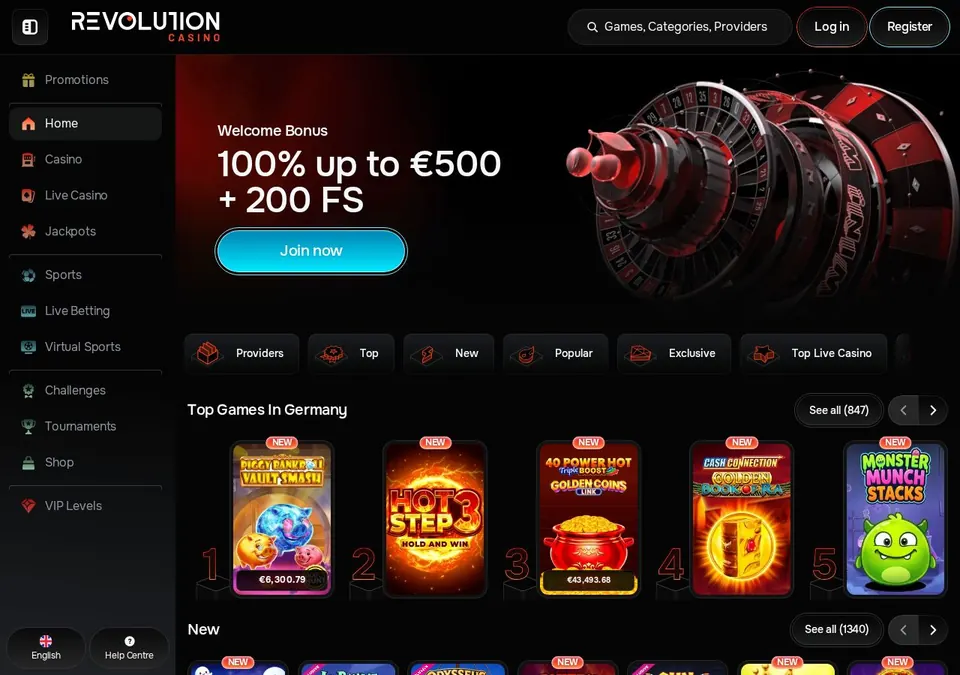Revolution Casino: Startseite (Screenshot von revolutioncasino.com)