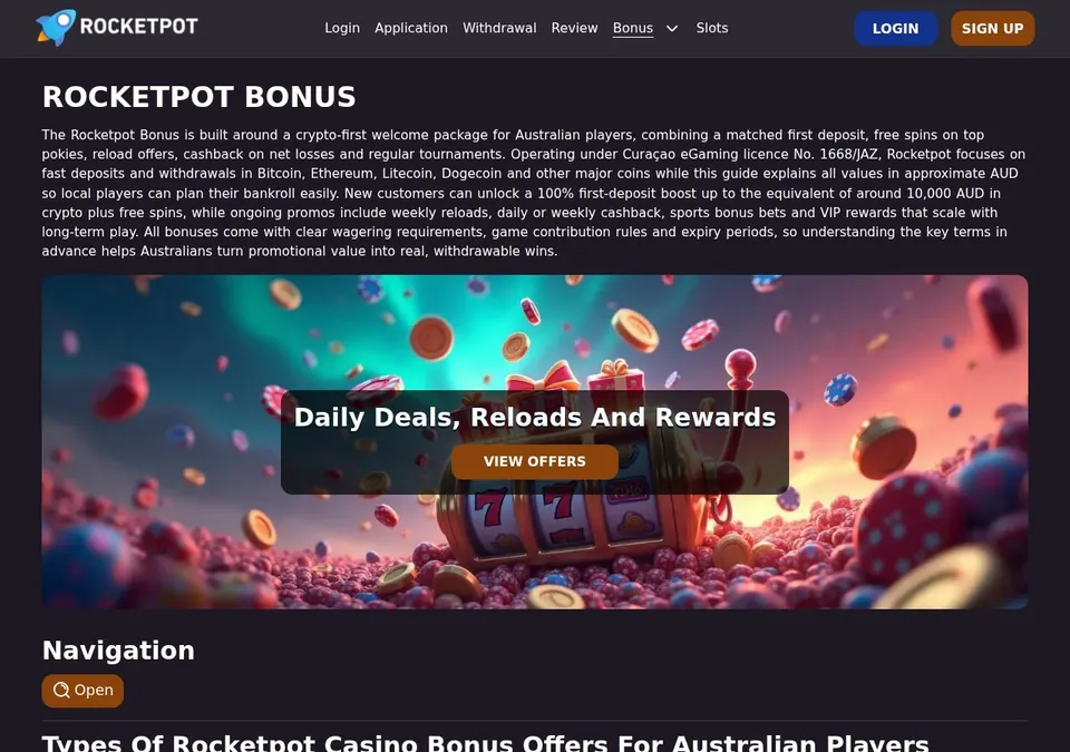 Rocketpot: Bonusseite (Screenshot von rocketpot.io)