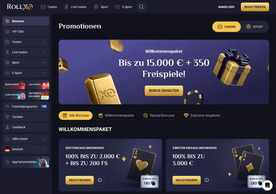 RollXO casino: Bonusseite (Screenshot von www.rollxo.com)
