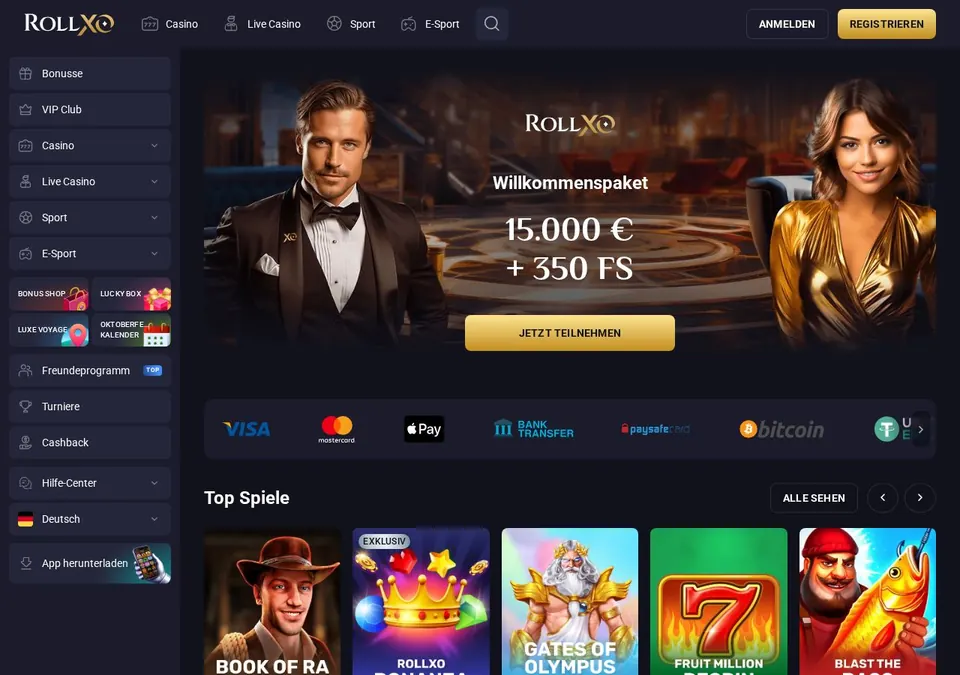 RollXO casino: Startseite (Screenshot von www.rollxo.com)