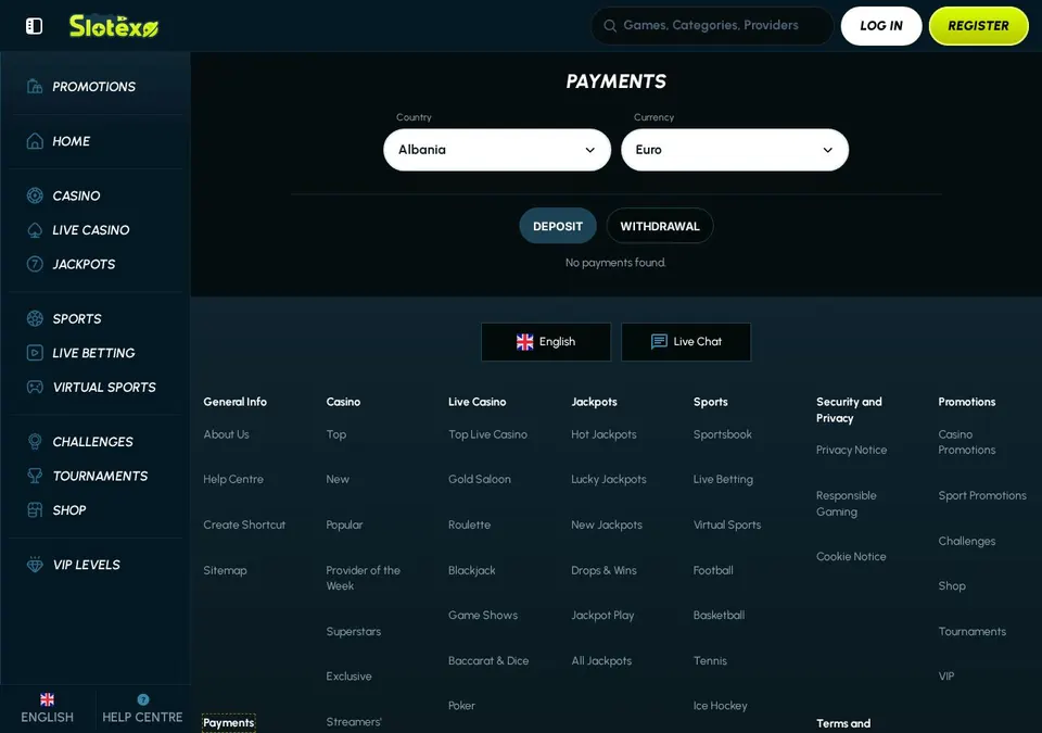 Slotexo: Kassenseite mit Zahlungsmethoden (Screenshot von slotexo.com)