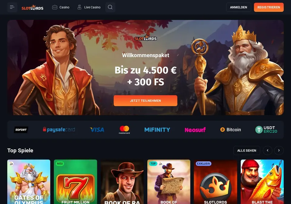 SlotLords casino: Startseite (Screenshot von www.slotlords.com)