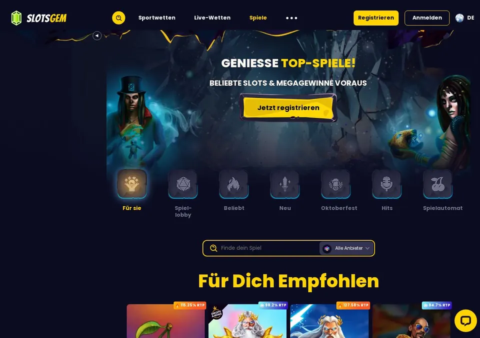 SlotsGem: Spieleübersicht (Screenshot von slotsgem.com)