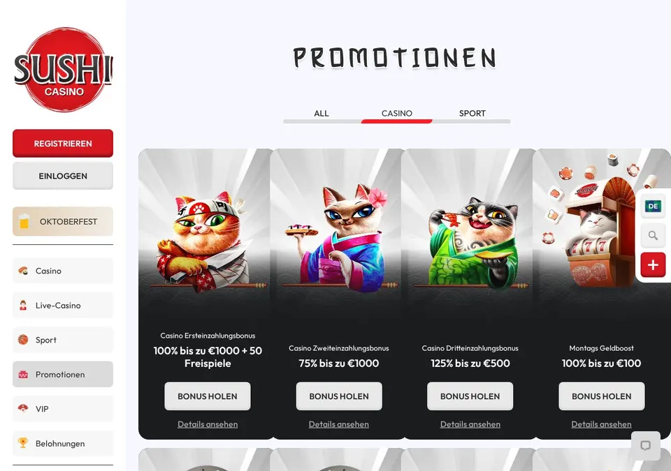 Sushi casino: Bonusseite (Screenshot von www.sushicasino.com)