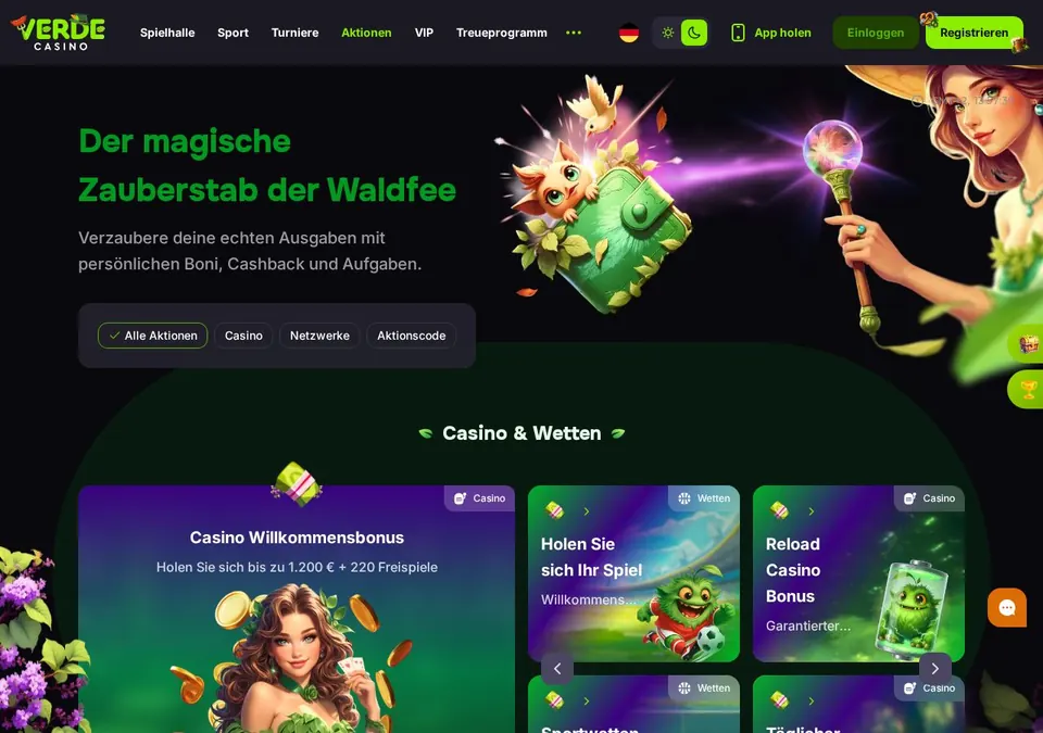 verde casino: Bonusseite (Screenshot von verdecasino.com)