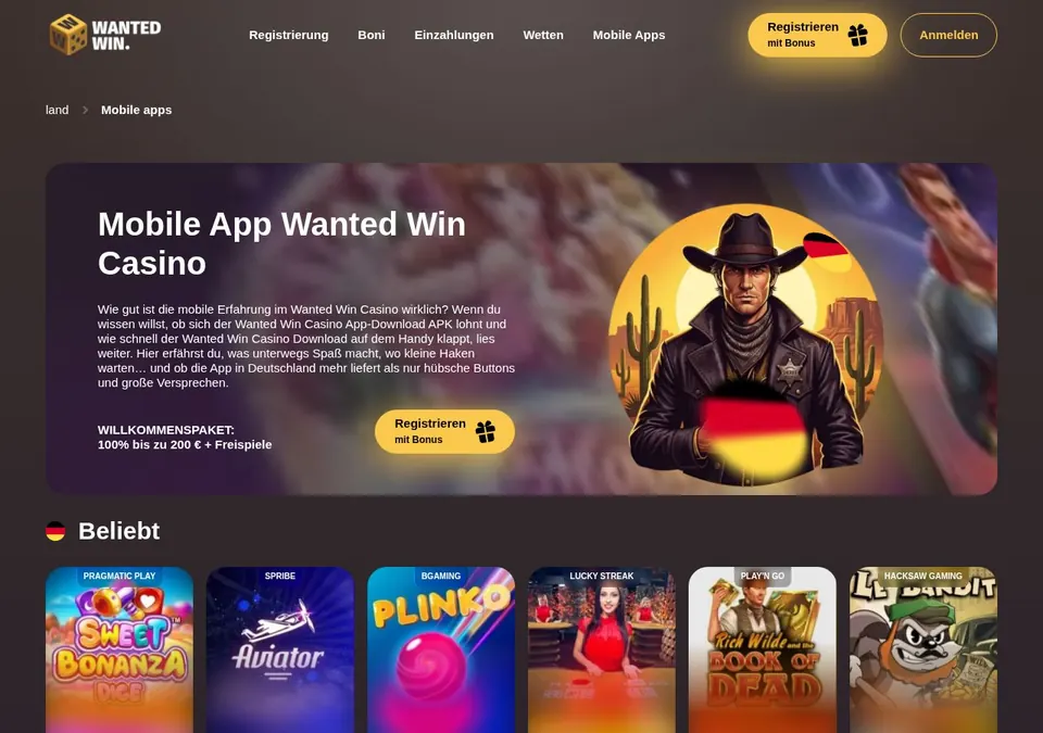 Wanted Win: App-Seite (Screenshot von wantedwin.com)