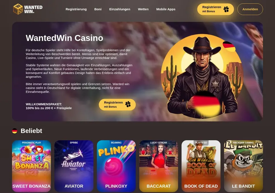Wanted Win: Startseite (Screenshot von wantedwin.com)