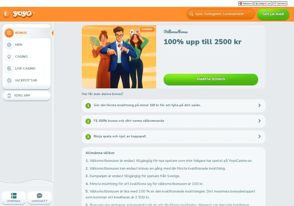 Yoyo Casino: Bonusseite (Screenshot von yoyocasino.se)